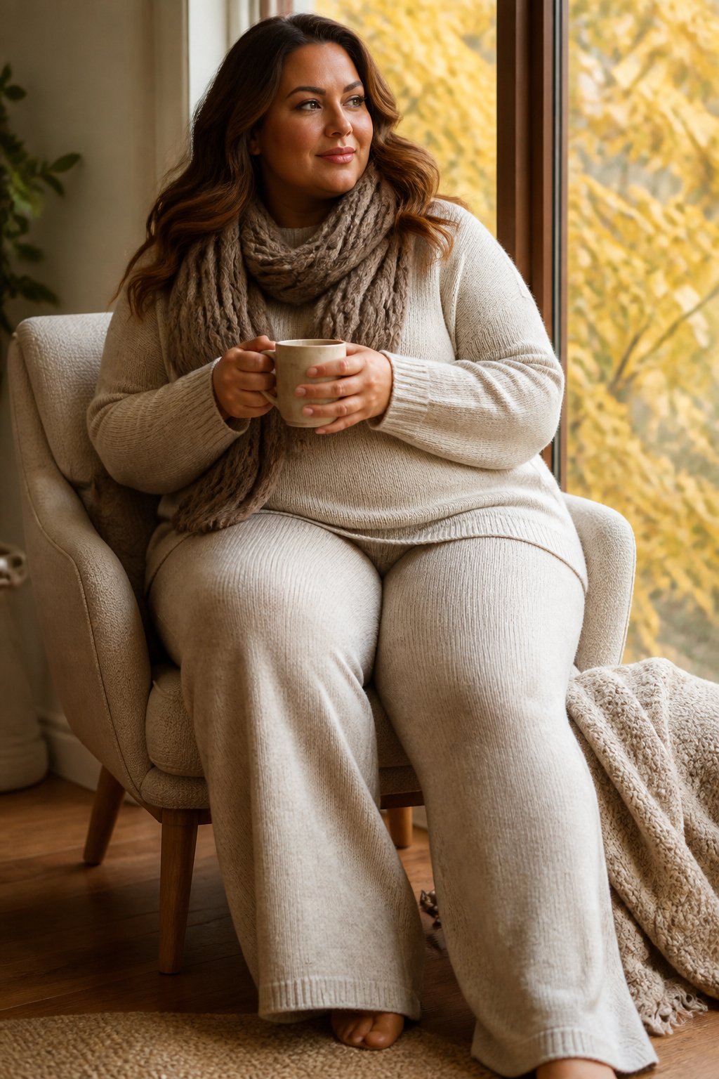 Curvy woman in a matching oatmeal knit sweater and wide leg pants set with a chunky scarf, cozy plus size fall outfit