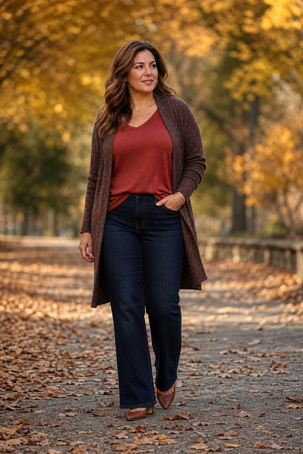Plus size woman in bootcut jeans, a fine knit top and a longline open cardigan with kitten heels, flattering casual fall look