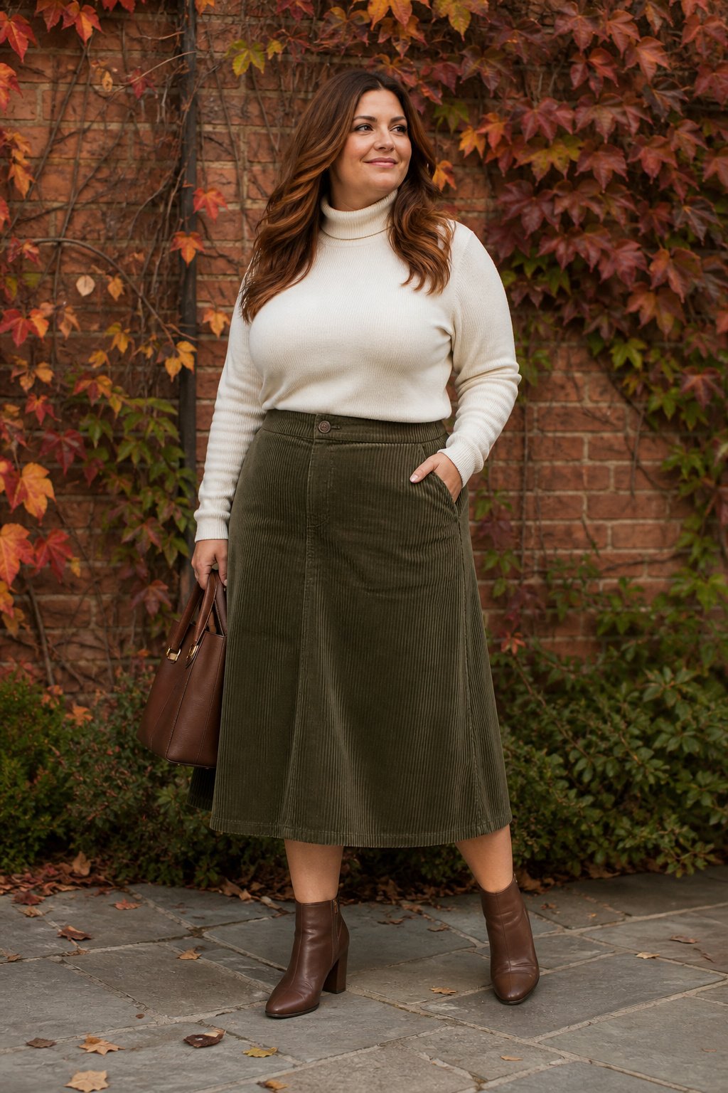 Curvy woman in an A line corduroy midi skirt with a tucked fine turtleneck and ankle boots, plus size fall outfit