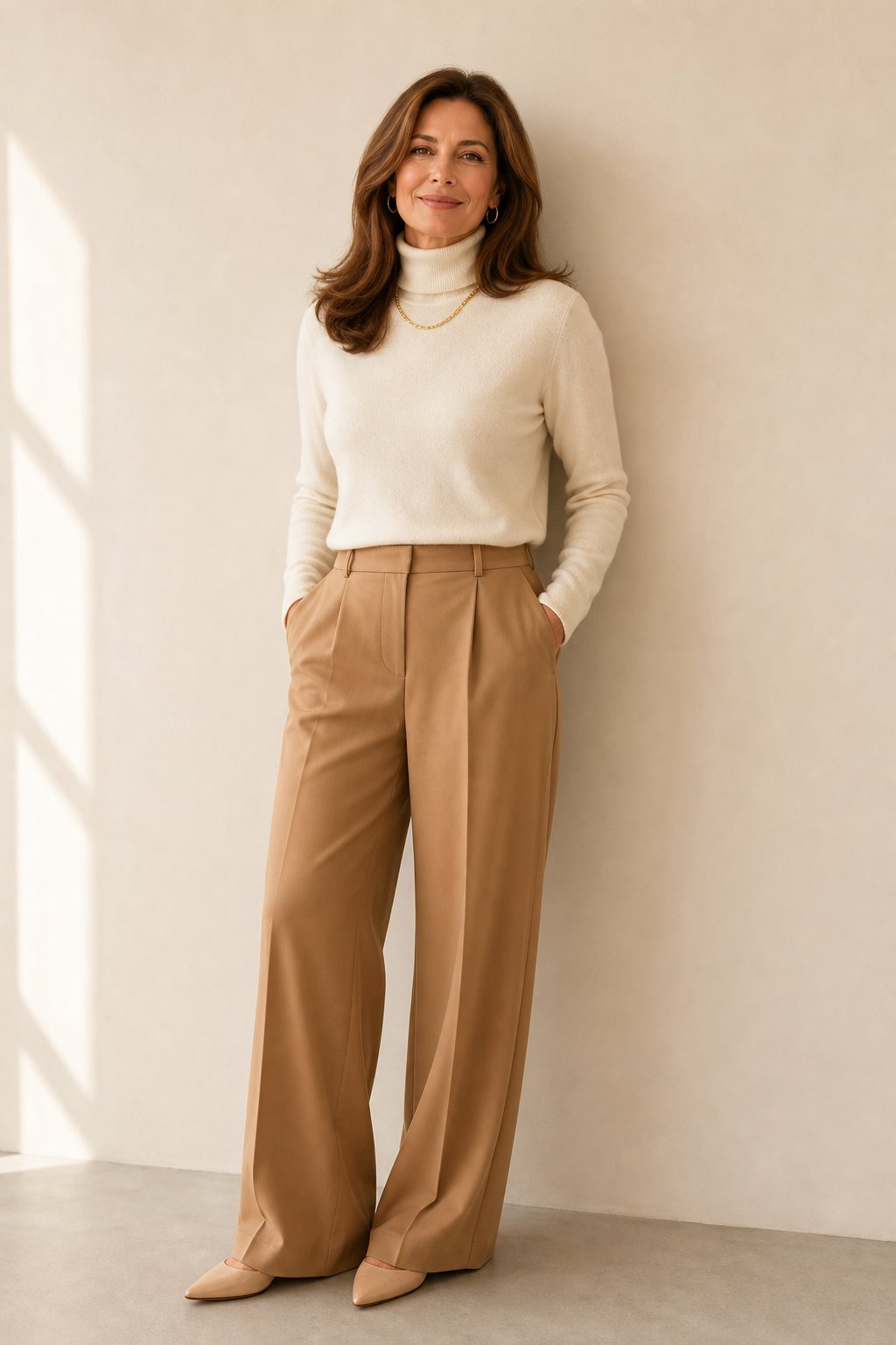 Ivory cashmere turtleneck tucked into camel wide-leg trousers, quiet luxury