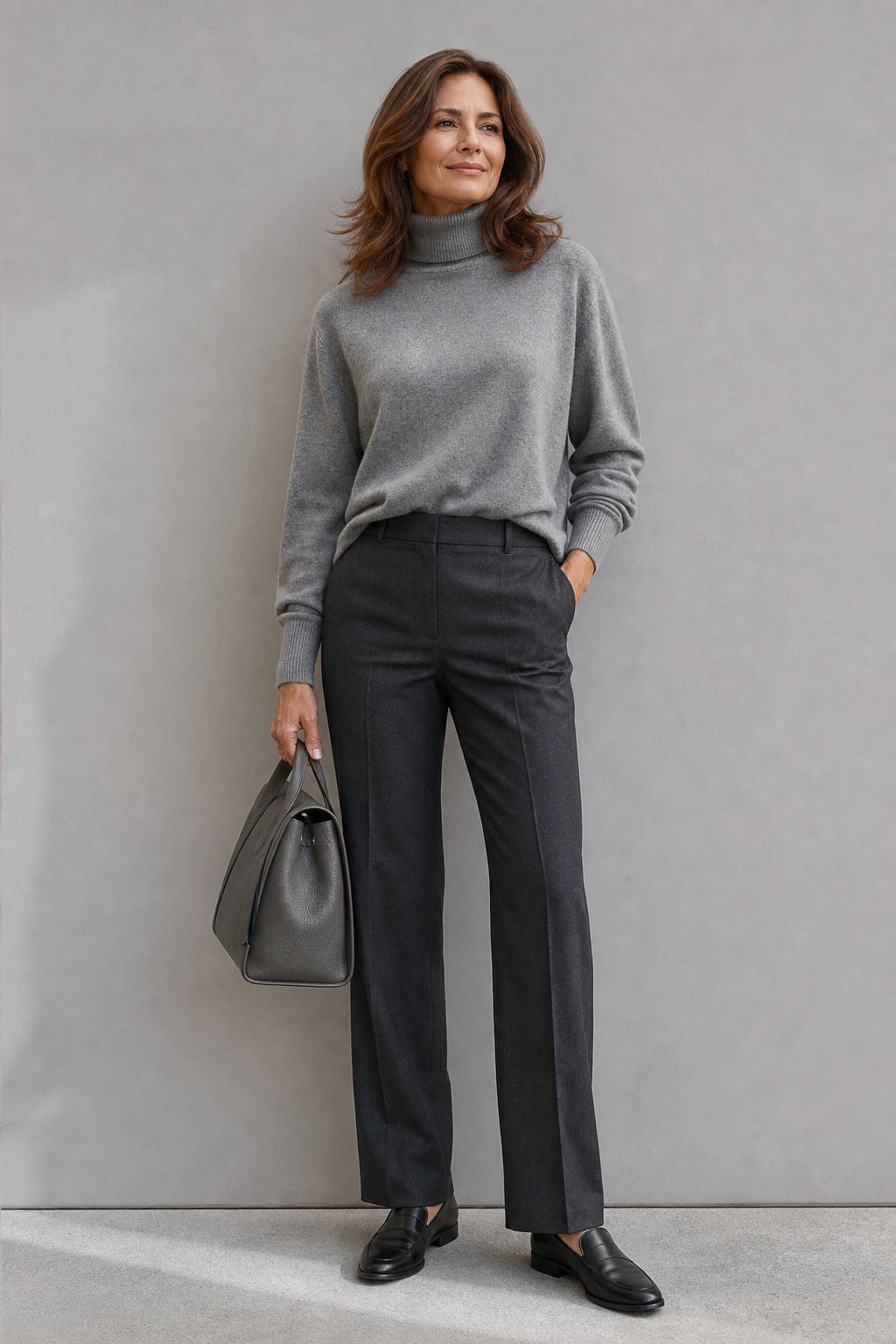 Grey cashmere turtleneck tucked into charcoal trousers, quiet luxury