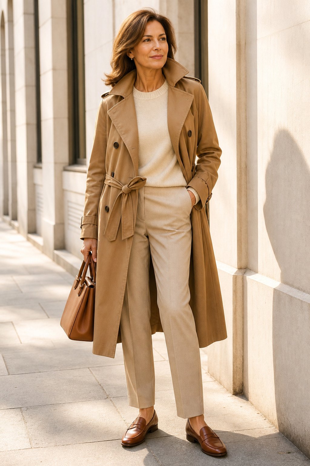 Belted camel trench coat with cream knit and brown leather loafers, quiet luxury