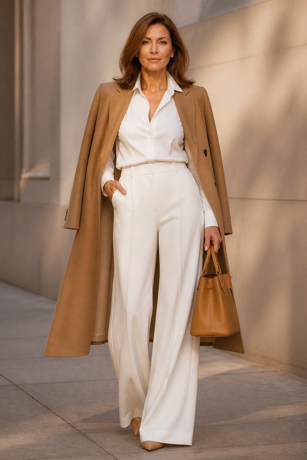 Camel coat draped over head to toe white ensemble, quiet luxury