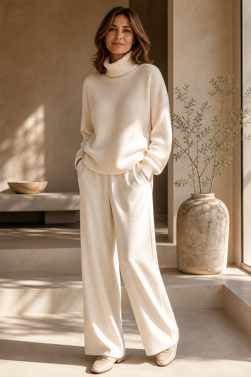 Head to toe cream knit sweater and wide-leg trousers, quiet luxury