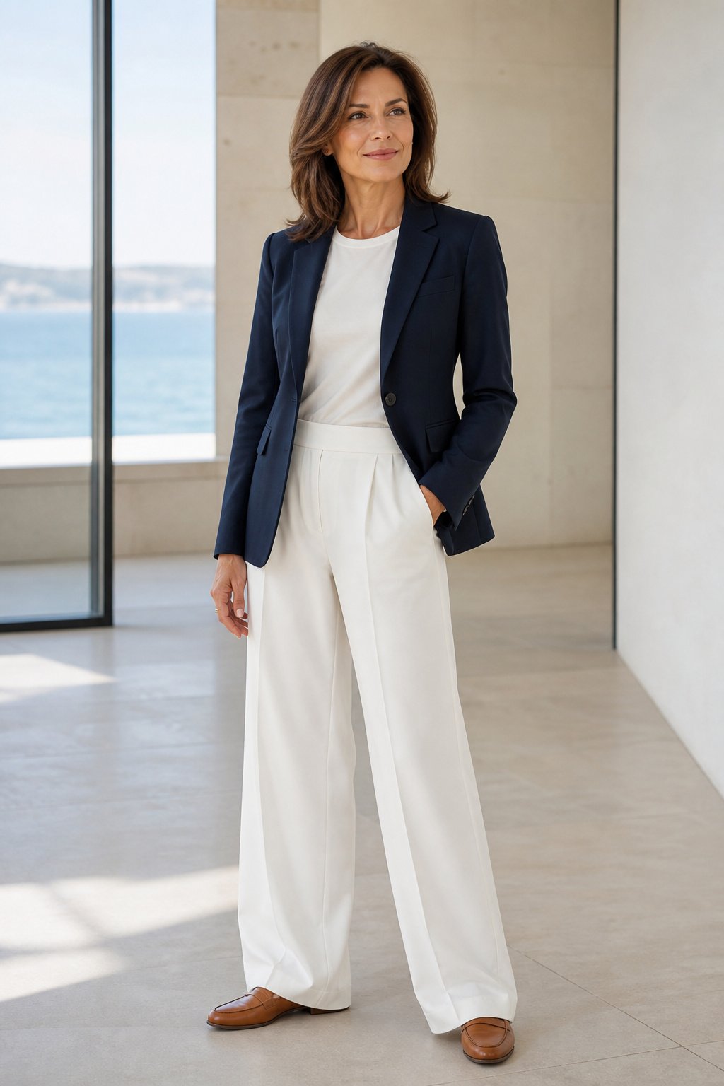 Navy blazer over white crewneck with white wide-leg trousers, quiet luxury