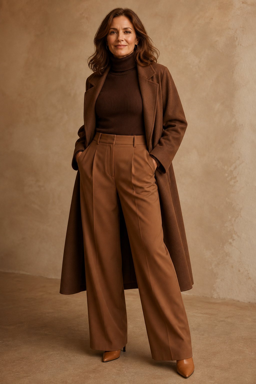 Chocolate brown tonal turtleneck and caramel wide-leg trousers, quiet luxury