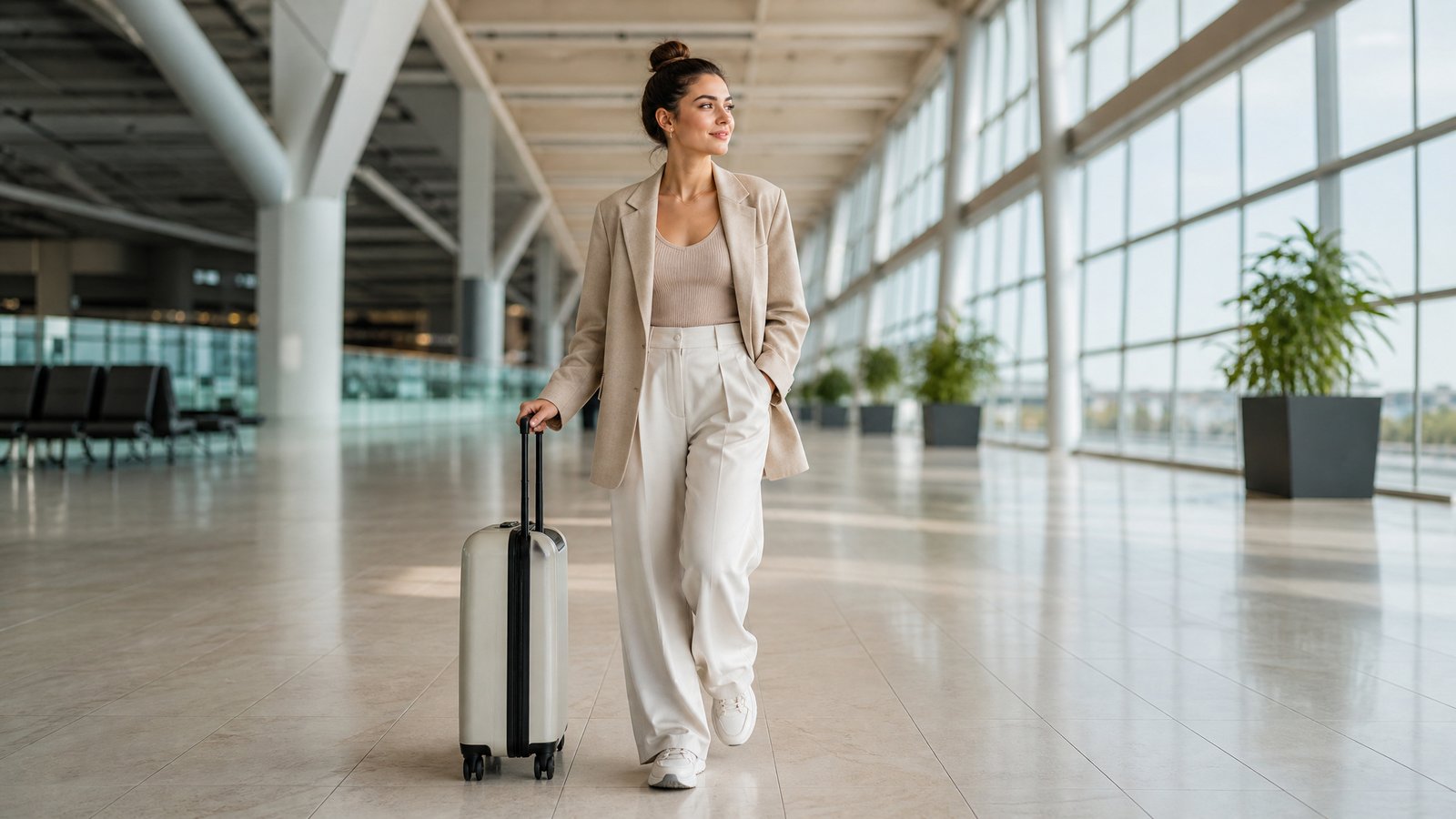 Young woman in her 20s in an oversized blazer, ribbed tank and wide leg trousers with a carry-on at an airport, stylish flight outfit
