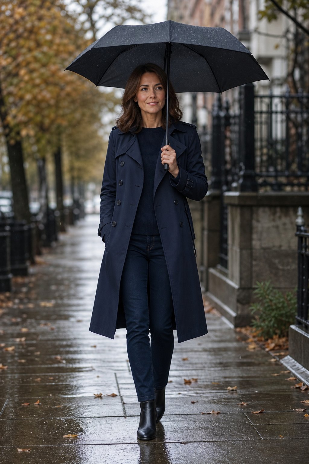 Woman in her late 30s wearing a tailored navy trench coat with a slim umbrella on a rainy city sidewalk
