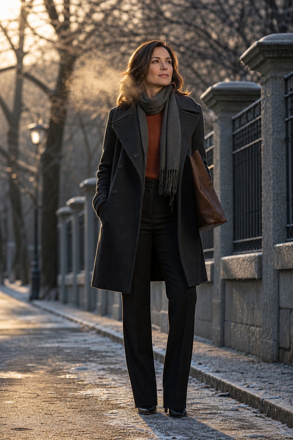 Woman in her late 30s wearing a charcoal wool peacoat over a rust knit sweater on a frosty morning street