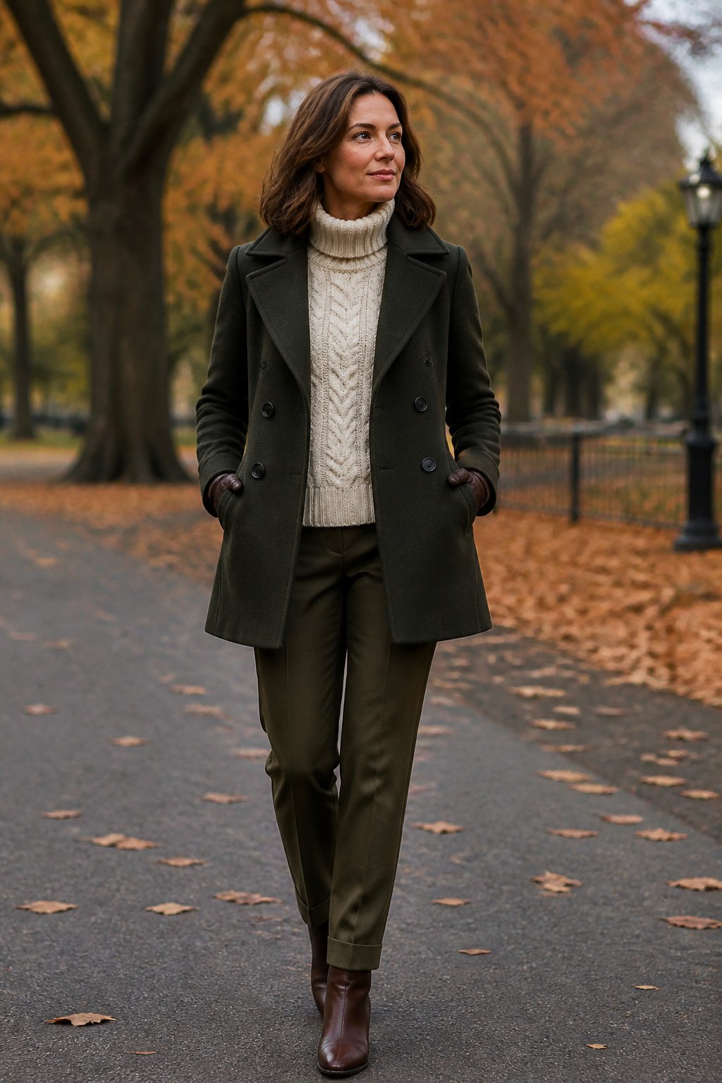 Woman wearing a deep green wool peacoat over a thick cream cable knit sweater with olive trousers and gloves in a park