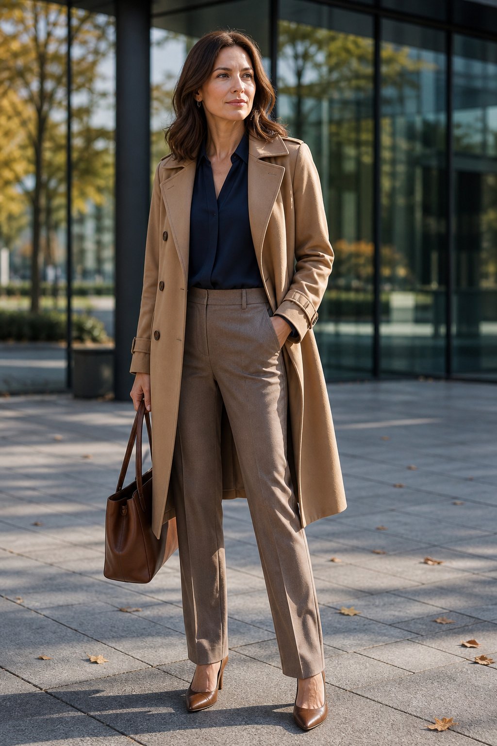 Polished woman in her late 30s wearing a sharp camel trench coat over a navy blouse and taupe trousers outside a glass office building