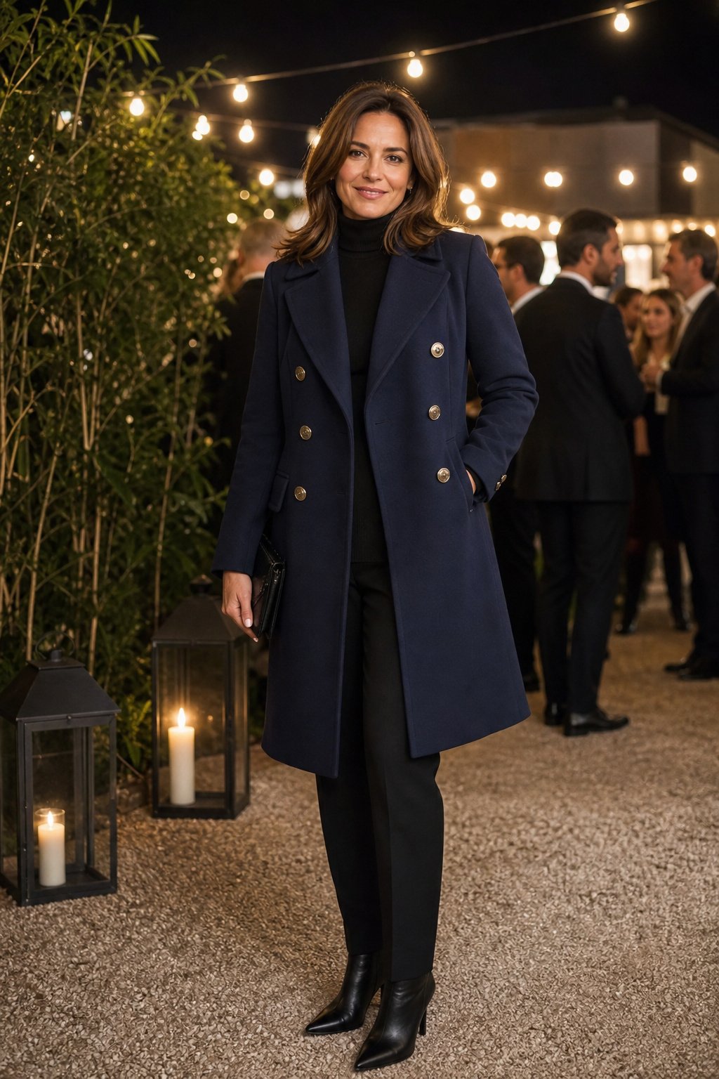 Refined woman in her late 30s wearing an elegant navy wool peacoat over a black turtleneck and tailored trousers at an outdoor evening event with string lights