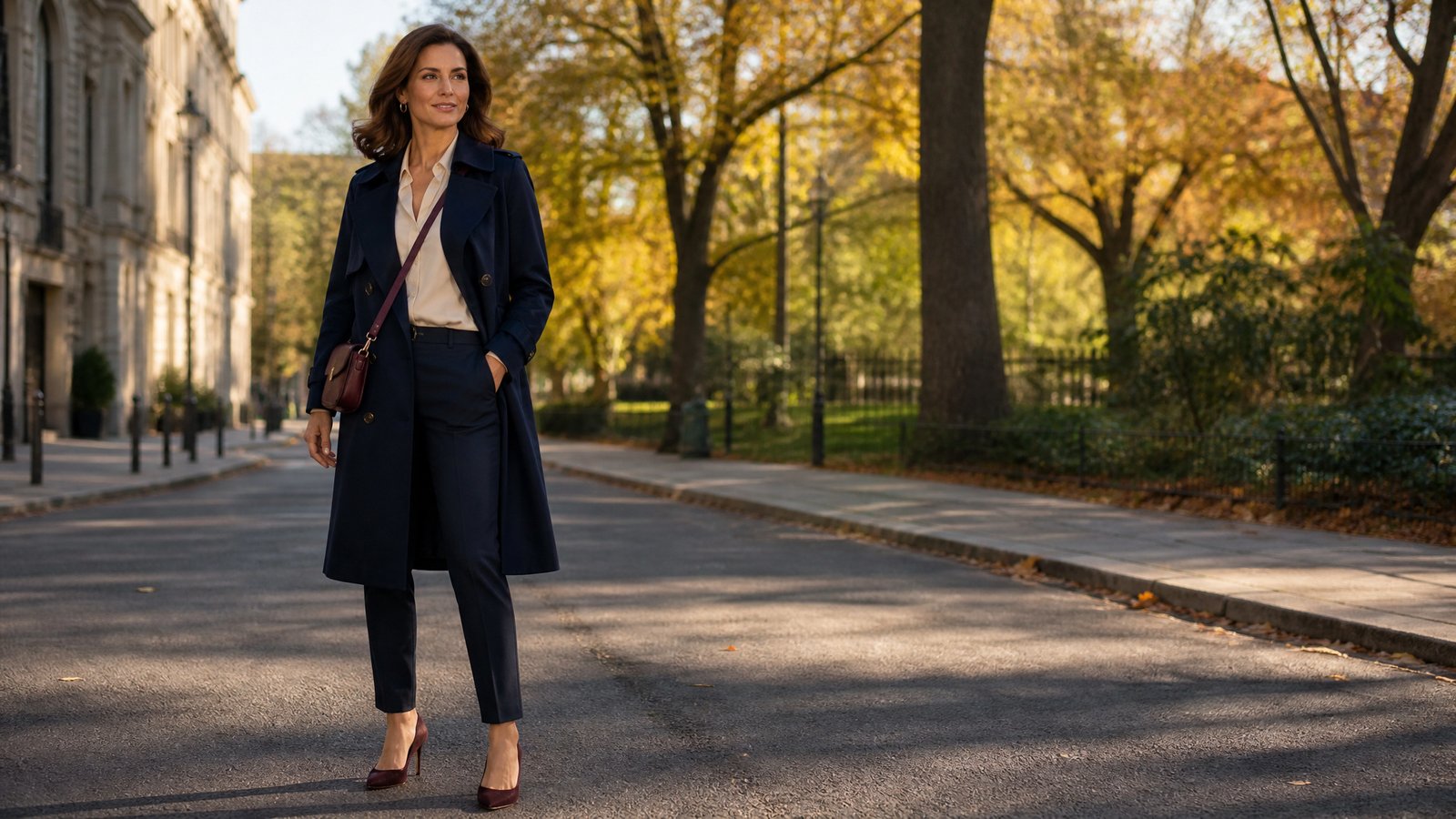 Confident woman in her late 30s wearing a tailored navy trench coat over a cream blouse on a city street in golden fall light