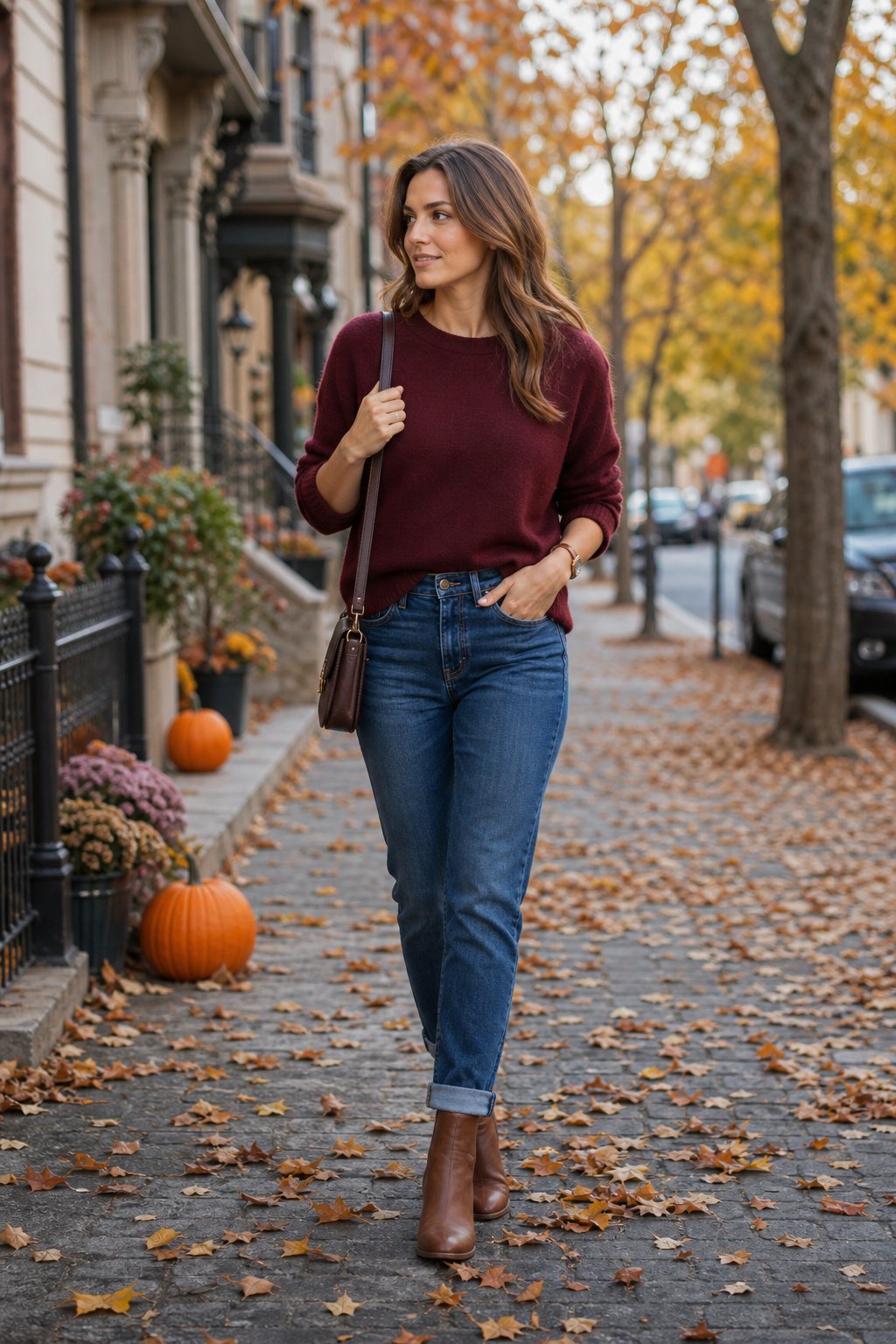 woman in her early 30s in a burgundy crewneck with jeans and ankle boots, casual weekend crewneck look