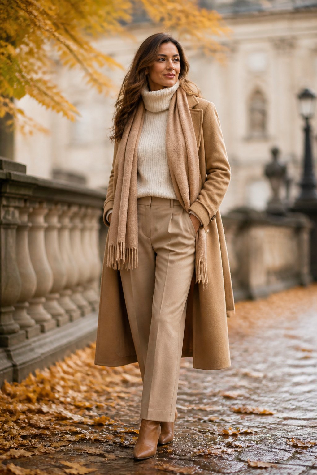 woman in her early 30s in a cream turtleneck with a camel coat, cozy turtleneck warmth for fall