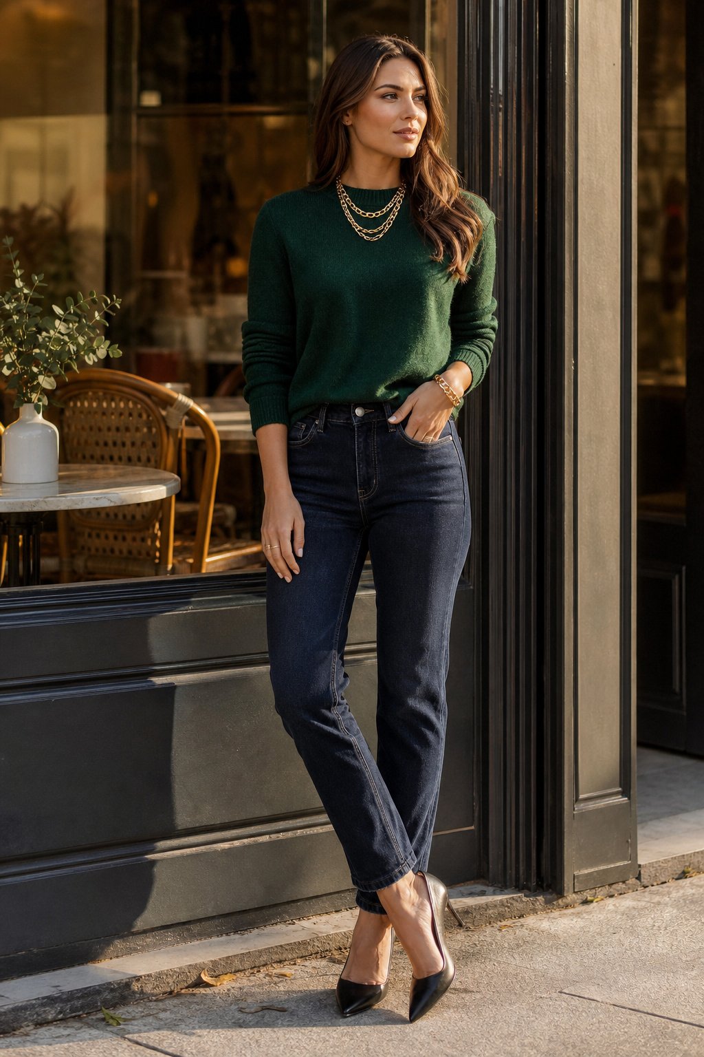 woman in her early 30s in a forest green crewneck with a gold layered necklace, crewneck necklace styling