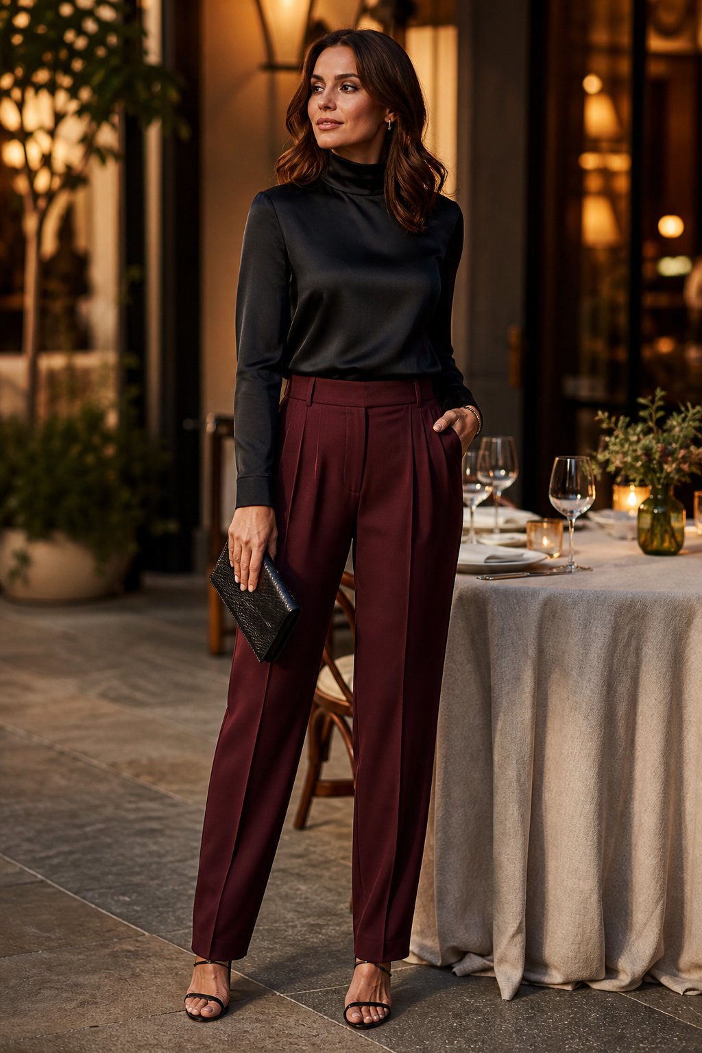 woman in her early 30s in a black turtleneck with burgundy trousers, elegant turtleneck dinner look
