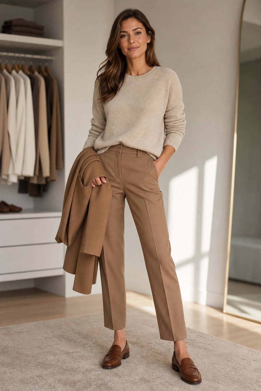 woman in her early 30s in an oat crewneck with camel trousers, crewneck capsule wardrobe piece