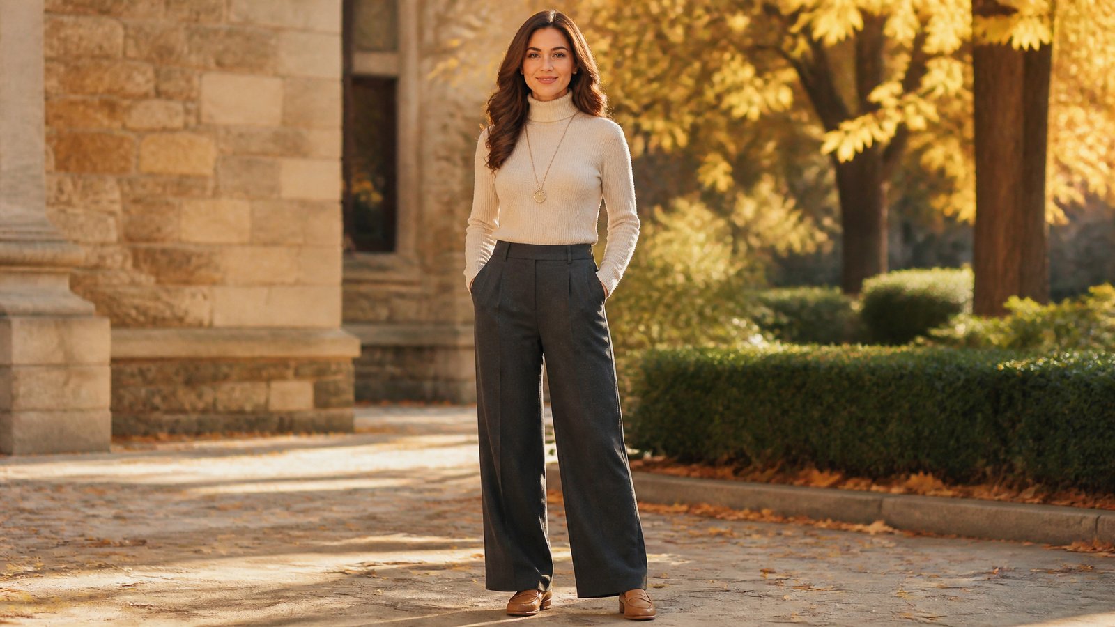 woman in her early 30s wearing a cream turtleneck with charcoal wide-leg trousers on an autumn street, turtleneck vs crewneck for women in their 30s and 40s