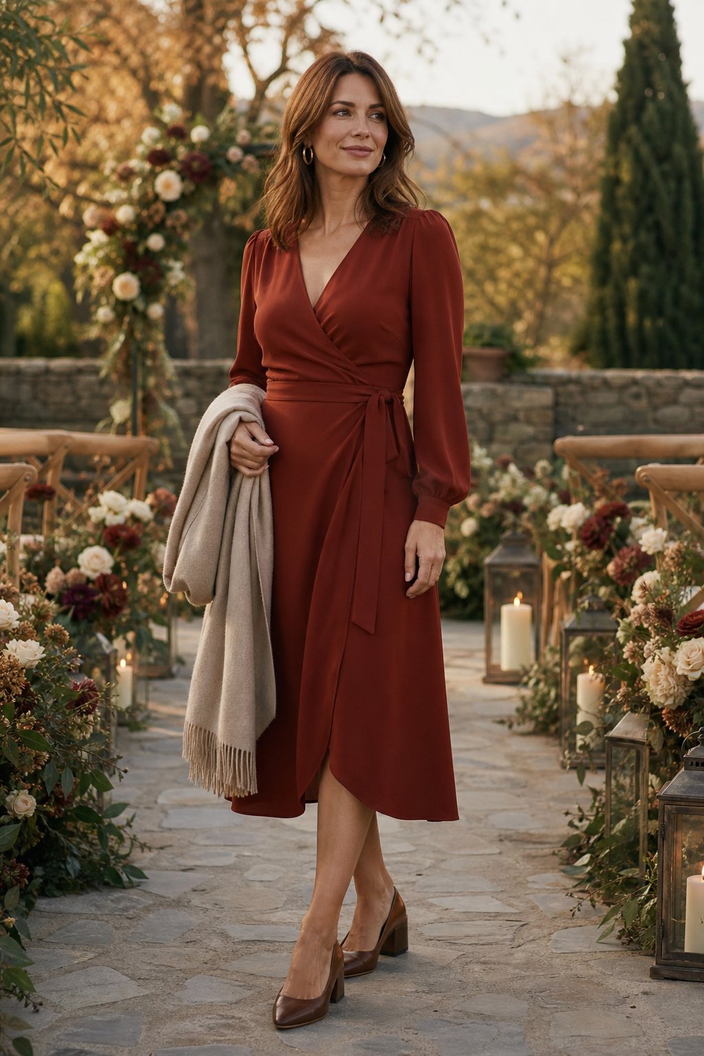 Woman in her mid 30s in a rust wrap midi dress with gold hoops at a fall wedding