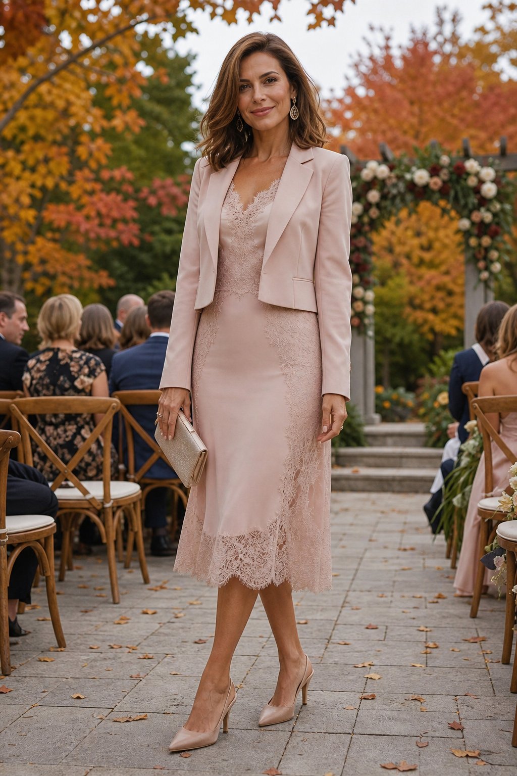 Woman in her mid 30s in a lace trim midi dress with a cropped blazer at a fall wedding