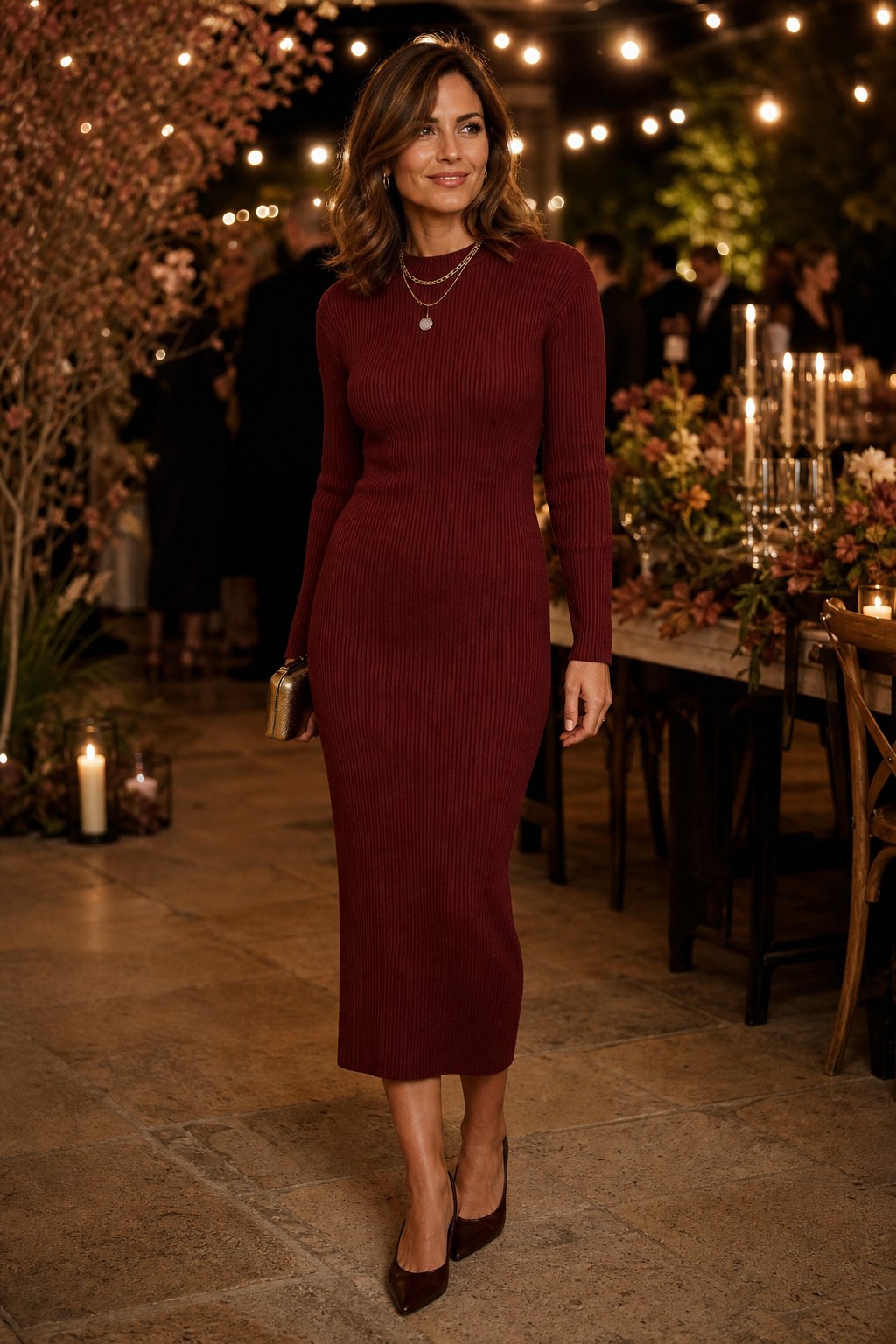 Woman in her mid 30s in a slim knit midi dress in burgundy with layered necklaces at a fall wedding