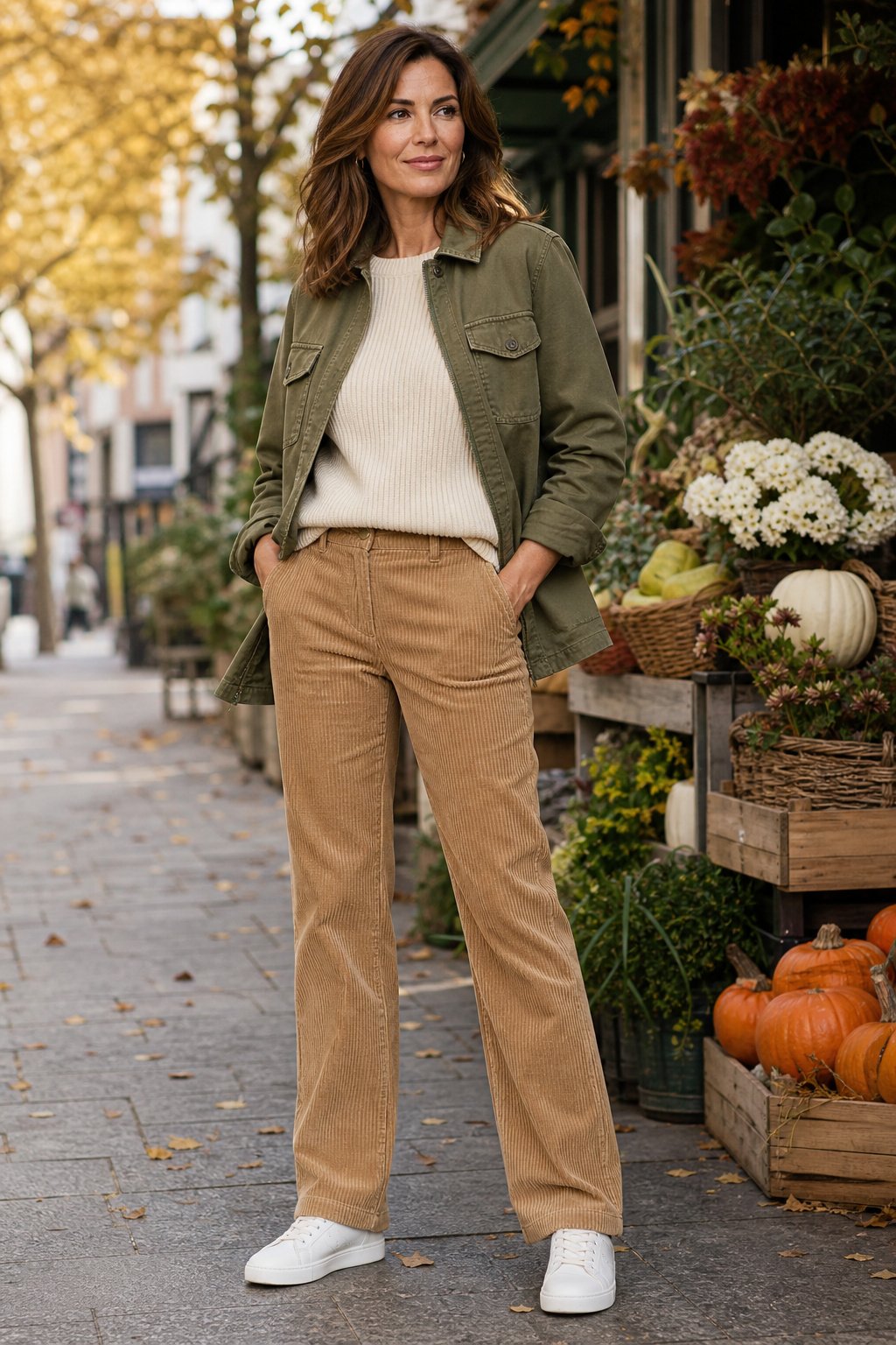 Woman in her 40s wearing an olive utility jacket over a cream knit with straight-leg corduroy trousers, fall weekend outfit