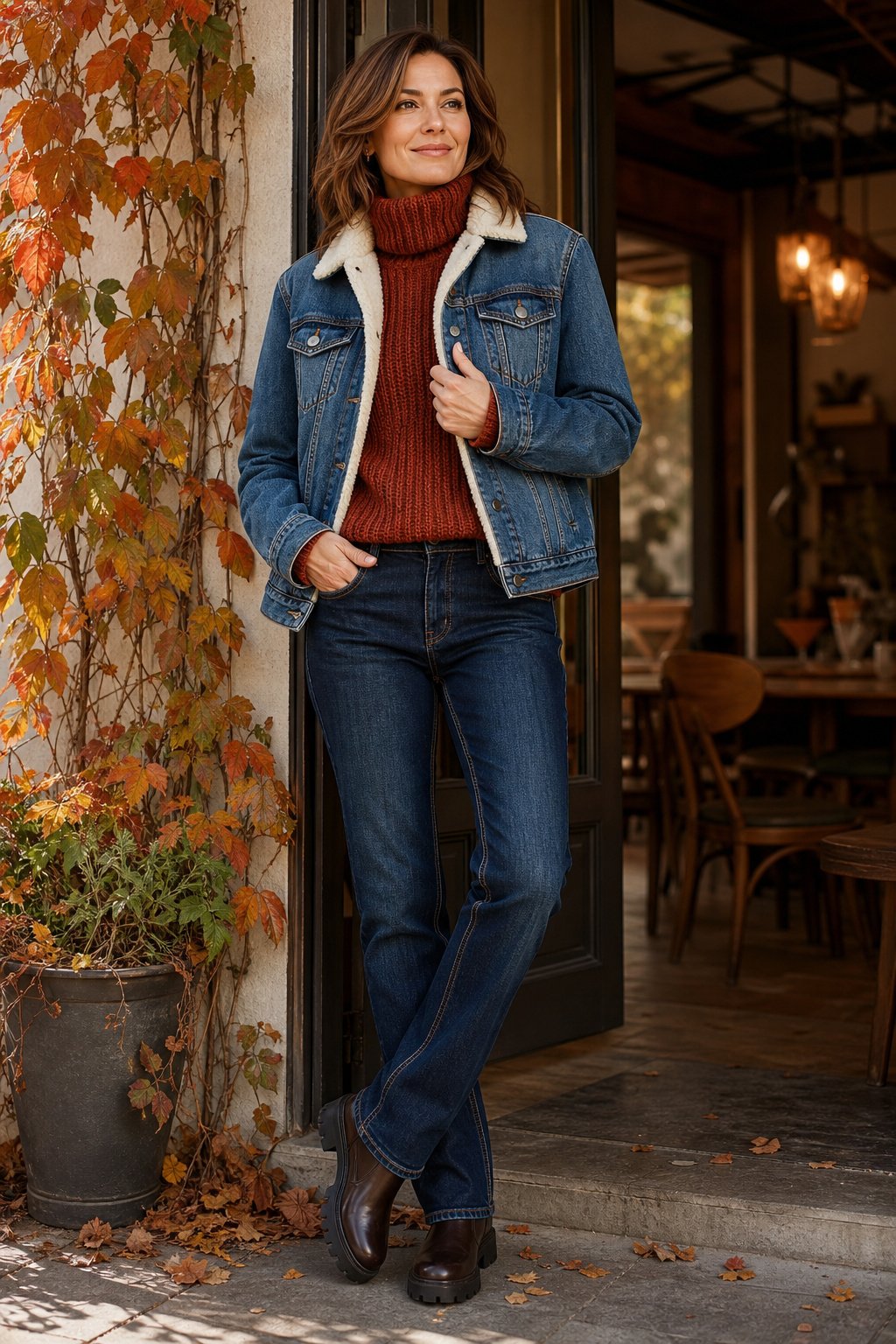 Woman in her 40s in a fleece-lined denim trucker jacket over a chunky turtleneck with dark-wash jeans, casual fall outfit