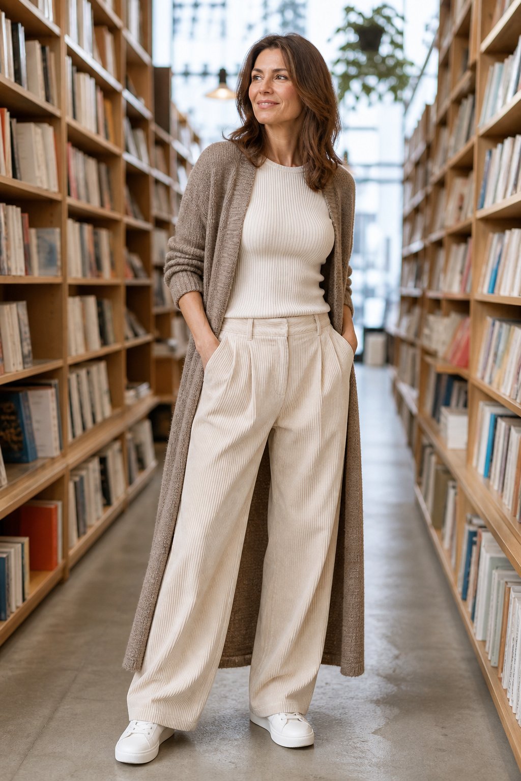 Woman in her 40s wearing a long knit duster cardigan over a ribbed top with wide-leg corduroy trousers, relaxed fall look