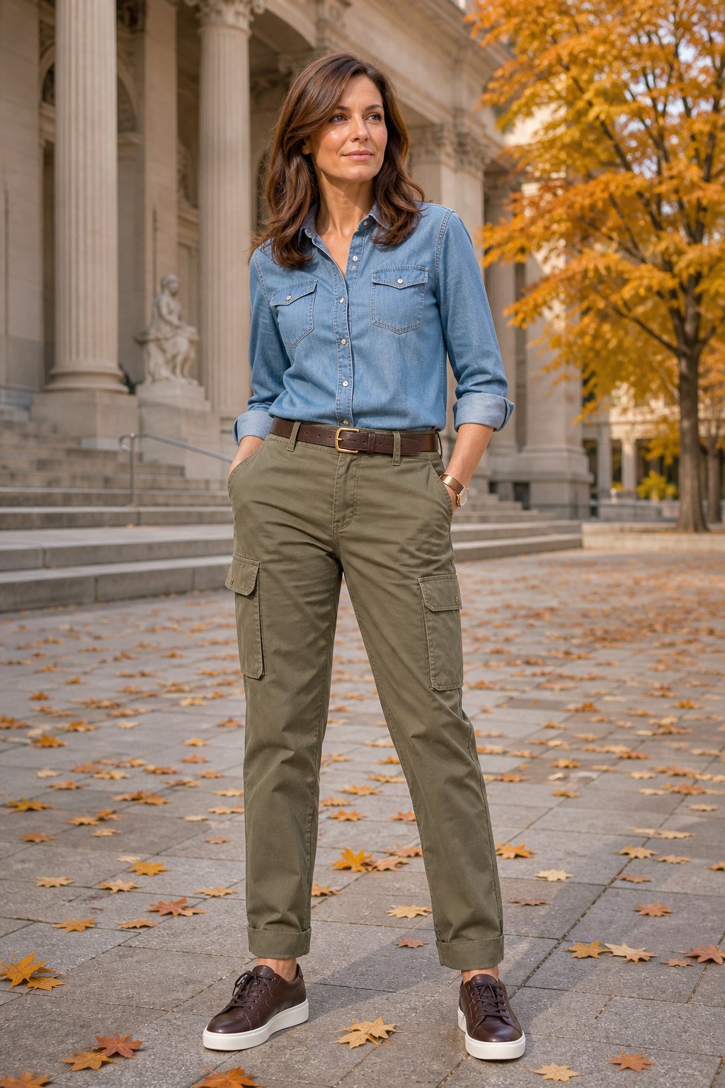 Woman in her 40s in a chambray button-down shirt tucked into olive cargo trousers with low-top sneakers, smart casual weekend outfit