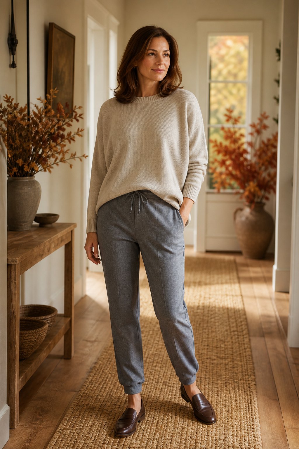 Woman in her 40s wearing a soft cocoon merino knit with flannel-waist jogger trousers and slip-on loafers, cozy weekend fit