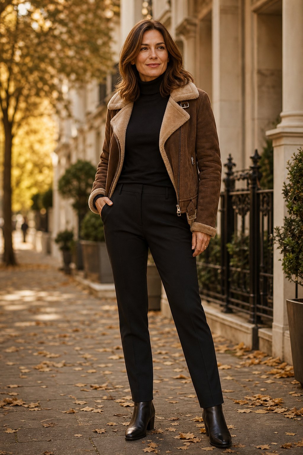 Woman in her 40s in a suede aviator jacket over a fine-gauge turtleneck with black ponte pants and leather chelsea boots, chic fall outfit