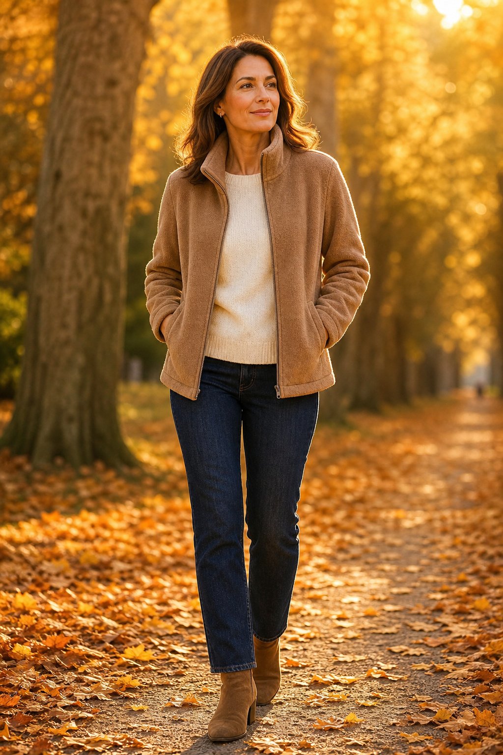 Woman in her 40s in a soft brushed-fleece jacket over a cream knit with dark-wash straight jeans and suede ankle boots, comfortable fall walk outfit