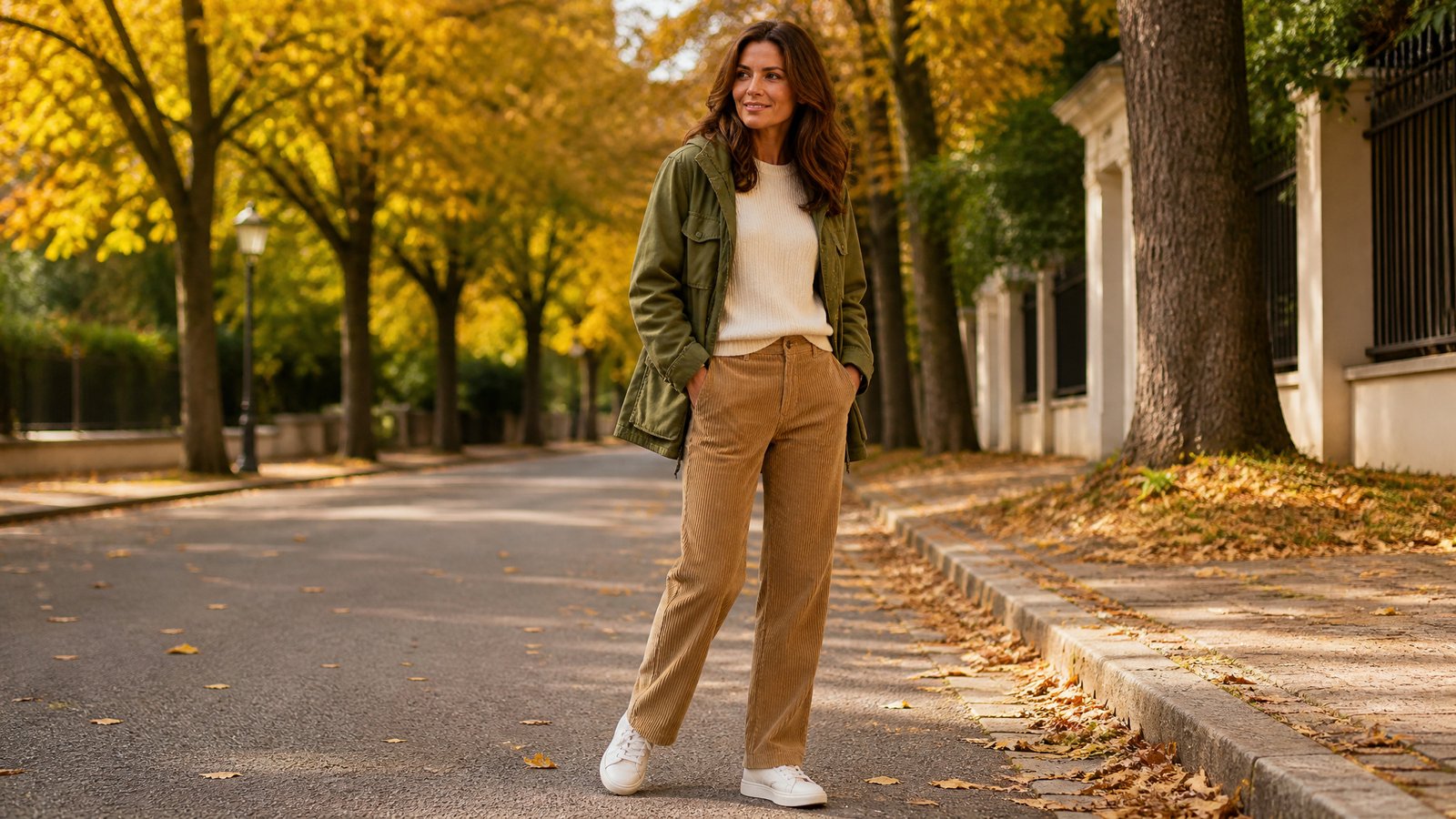 Woman in her early 40s in an olive utility jacket, cream knit, tan corduroy trousers and white sneakers, fall weekend outfit