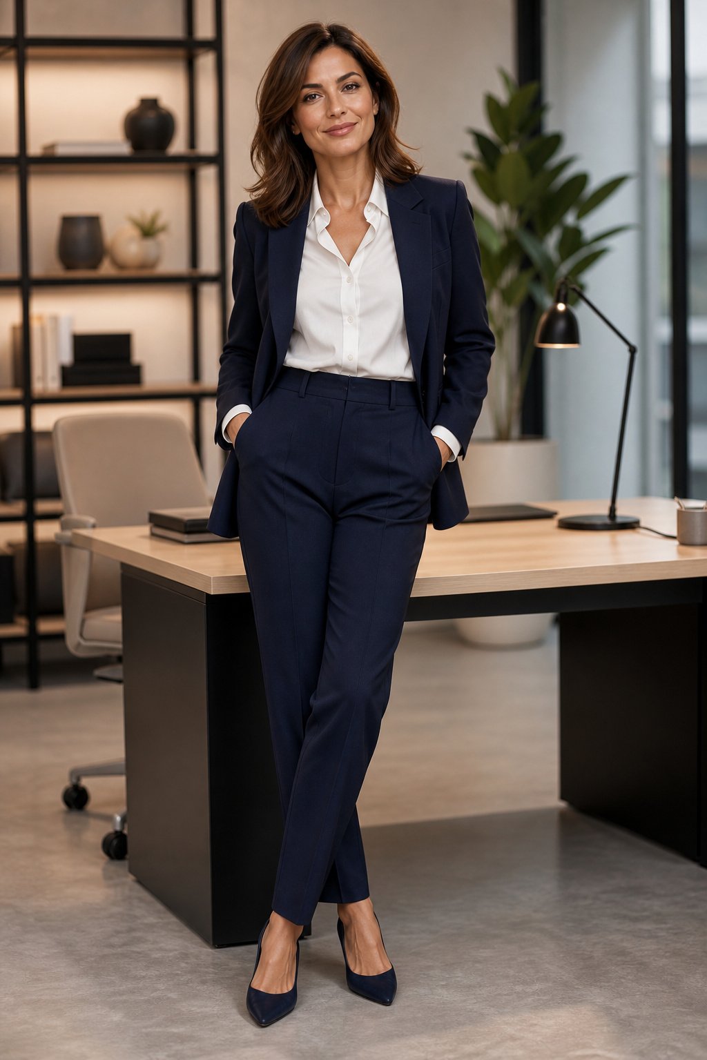 Woman in her late 30s wearing a white button-down tucked into high-waisted trousers with a navy blazer for the office