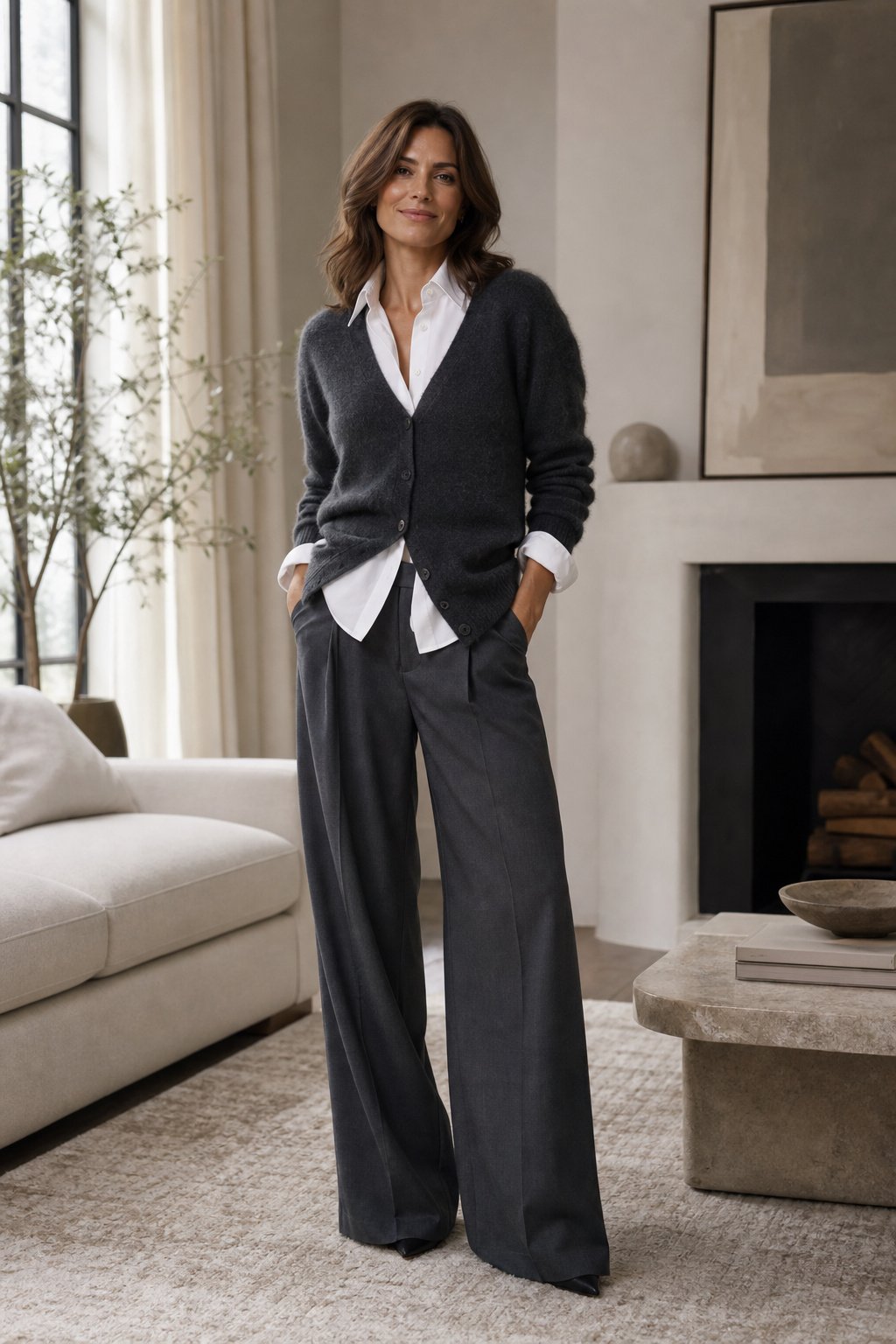 Woman in her late 30s wearing a white button-down under a V-neck knit cardigan with wide trousers
