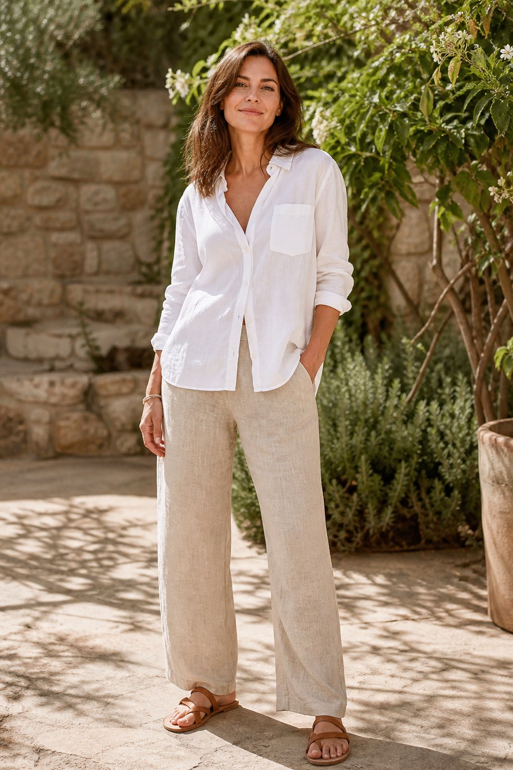 Woman in her late 30s in a relaxed white button-down with light linen trousers and flat sandals