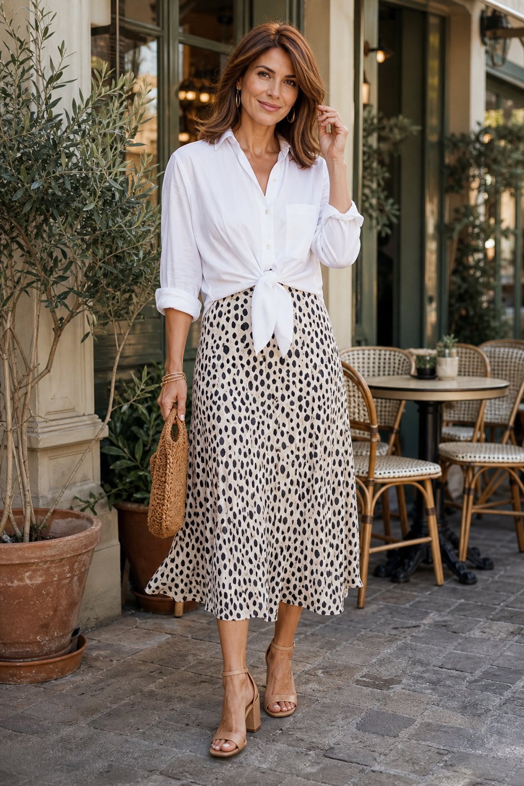 Woman in her late 30s in a white button-down knotted at the high waist over a midi skirt