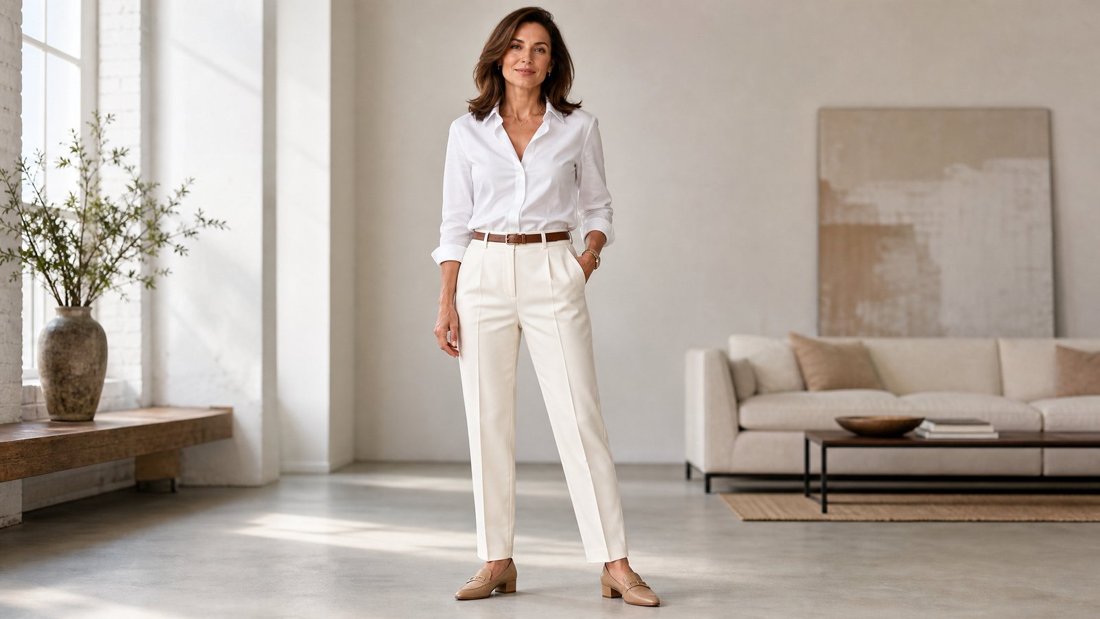 Woman in her late 30s in a crisp white button-down shirt tucked into cream trousers for a polished look