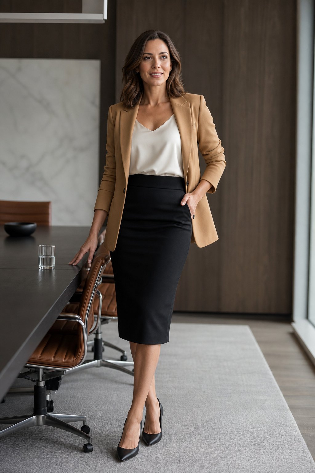 Woman in her early 30s wearing a pencil midi skirt with a tucked cream shell and a blazer