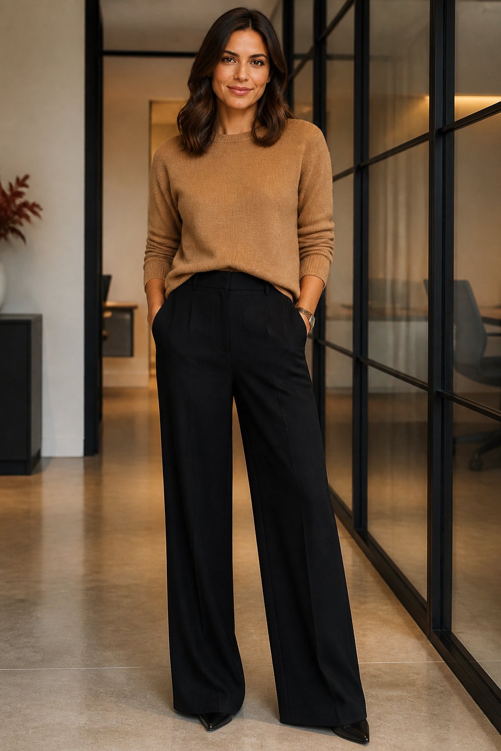 Woman in her early 30s wearing a fine-gauge camel knit sweater with black trousers in a fall office