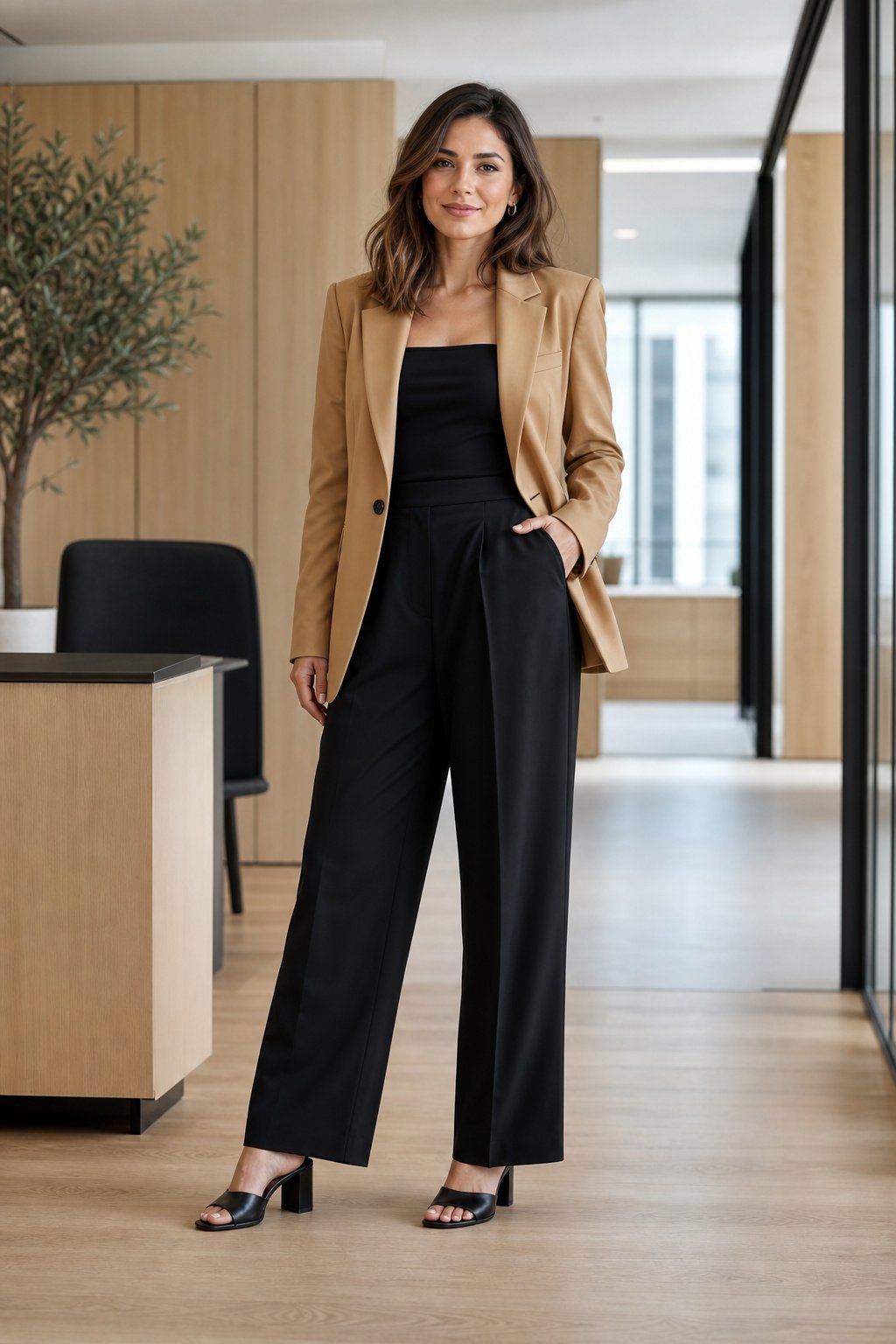 Woman in her early 30s wearing black block-heel mules with black trousers and a blazer