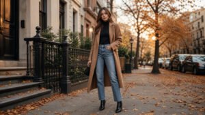 Young woman in her 20s wearing a black turtleneck with straight leg jeans and a long camel wool coat on a fall city street, turtleneck outfit