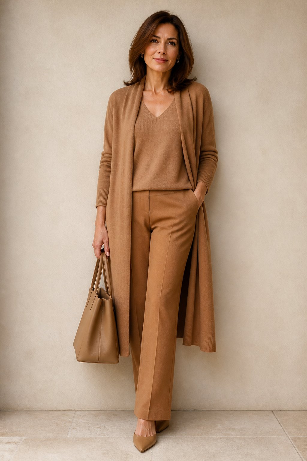 Apple-shape fall styling with a longline cardigan over a camel column and V-neck knit