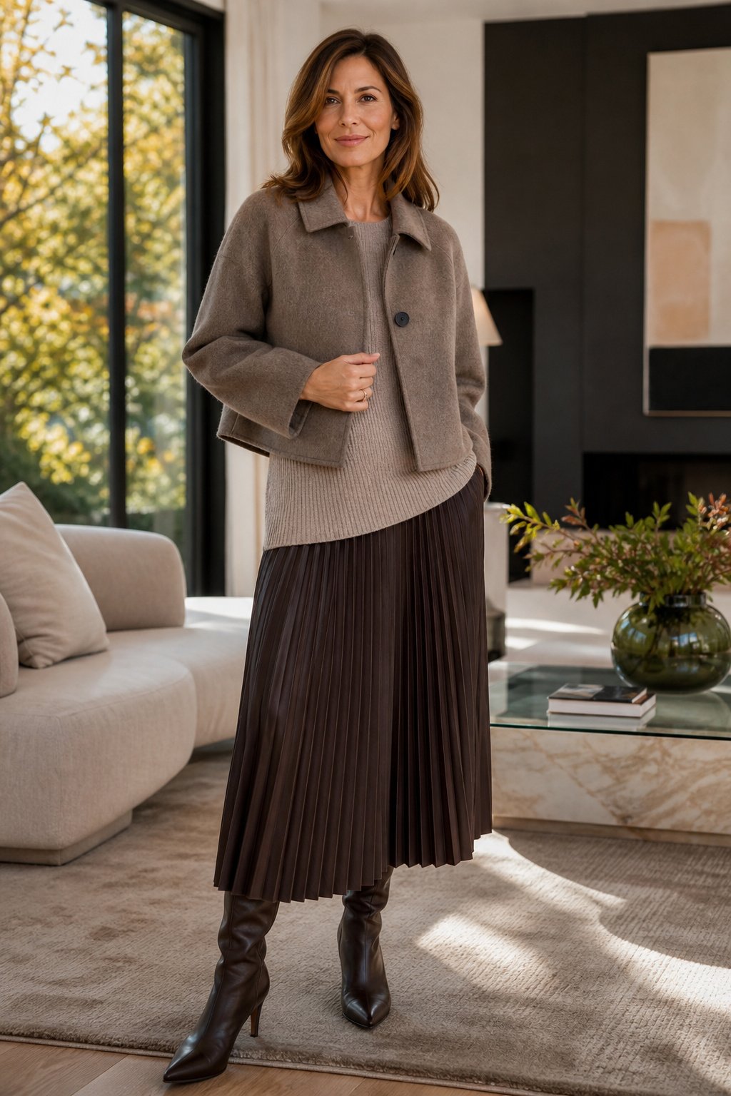 Rectangle-shape fall styling with a cropped jacket, ribbed knit and pleated midi skirt