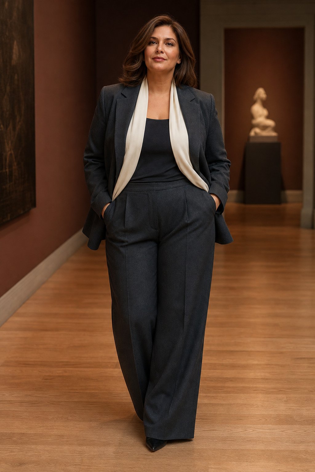 Plus-size fall styling in a charcoal wide-leg trouser with a lighter cream layer