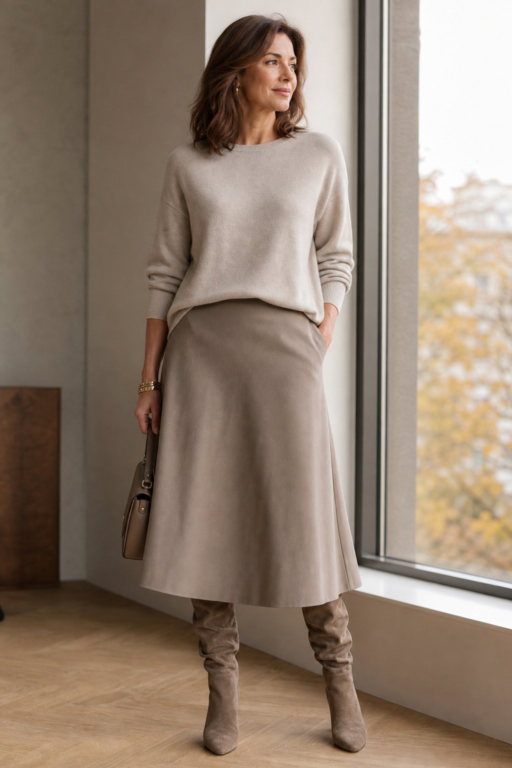 Inverted-triangle fall styling with an A-line midi skirt and fluid crew-neck knit