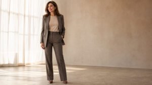 Woman in her early 40s wearing well-cut fall trousers, a fine knit and an open blazer in a bright studio