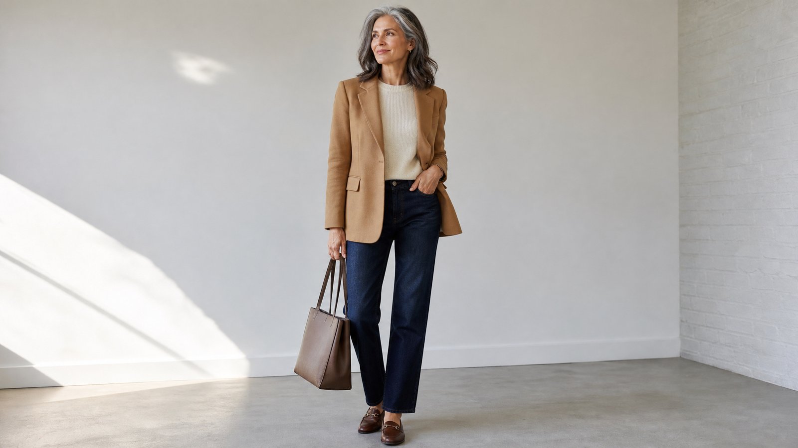 woman in her 50s in a camel blazer, cream knit, straight jeans and loafers with a tote, polished fall capsule
