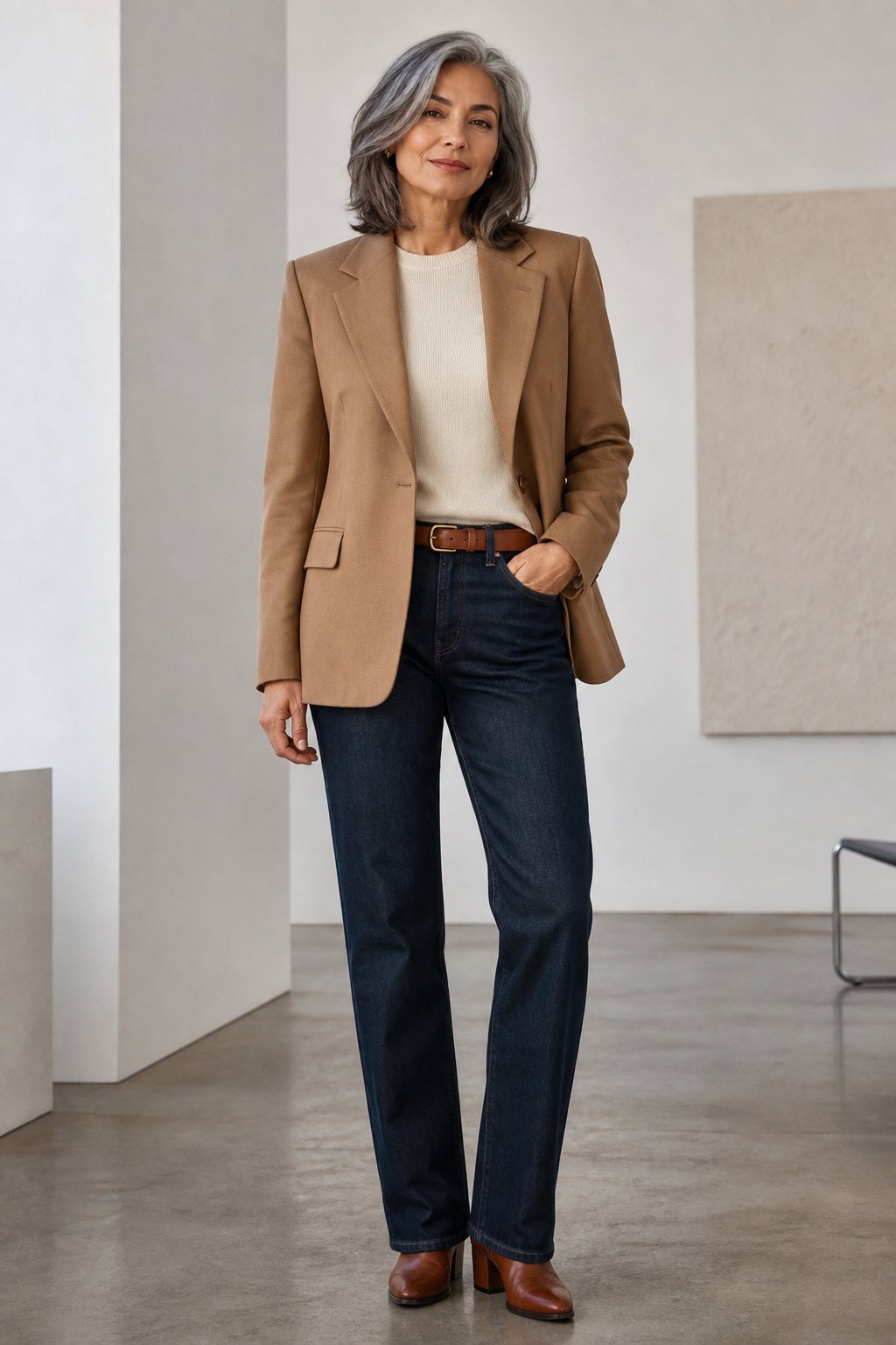 Woman in her 50s wearing a camel blazer as the anchor piece of a budget fall capsule wardrobe